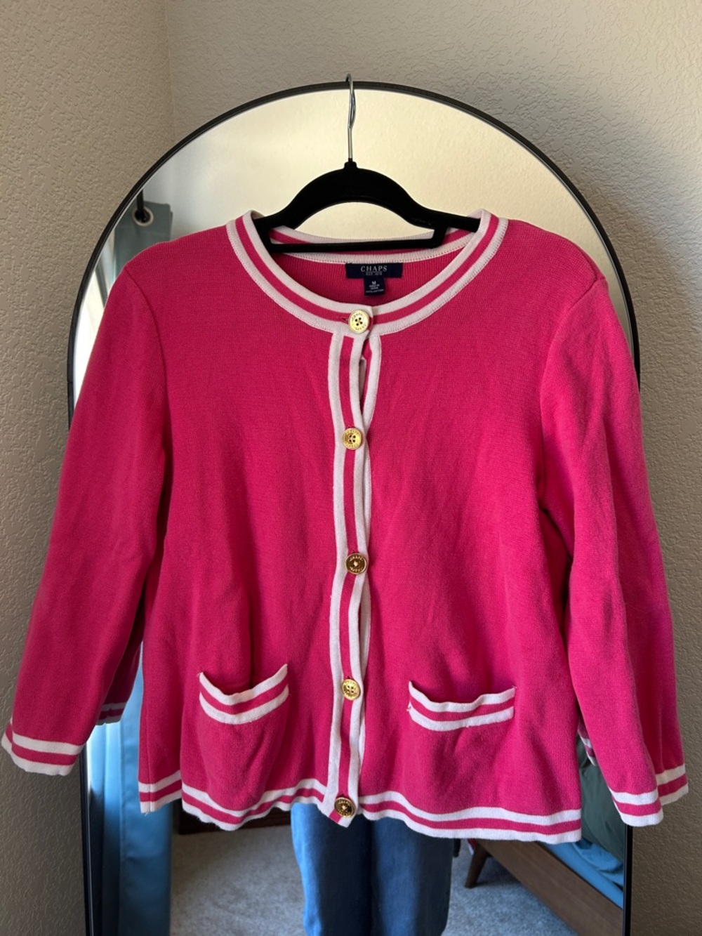 Chaps Hot Pink Cardigan with White Trim and Gold Buttons
